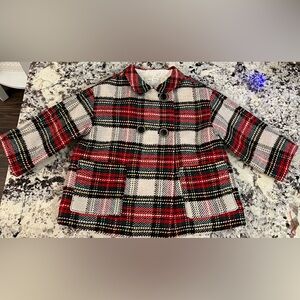Zara Kids Tartan Pea Coat - Red, Black, White